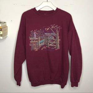 VNTG Maroon crewneck with autumn scene, Canada